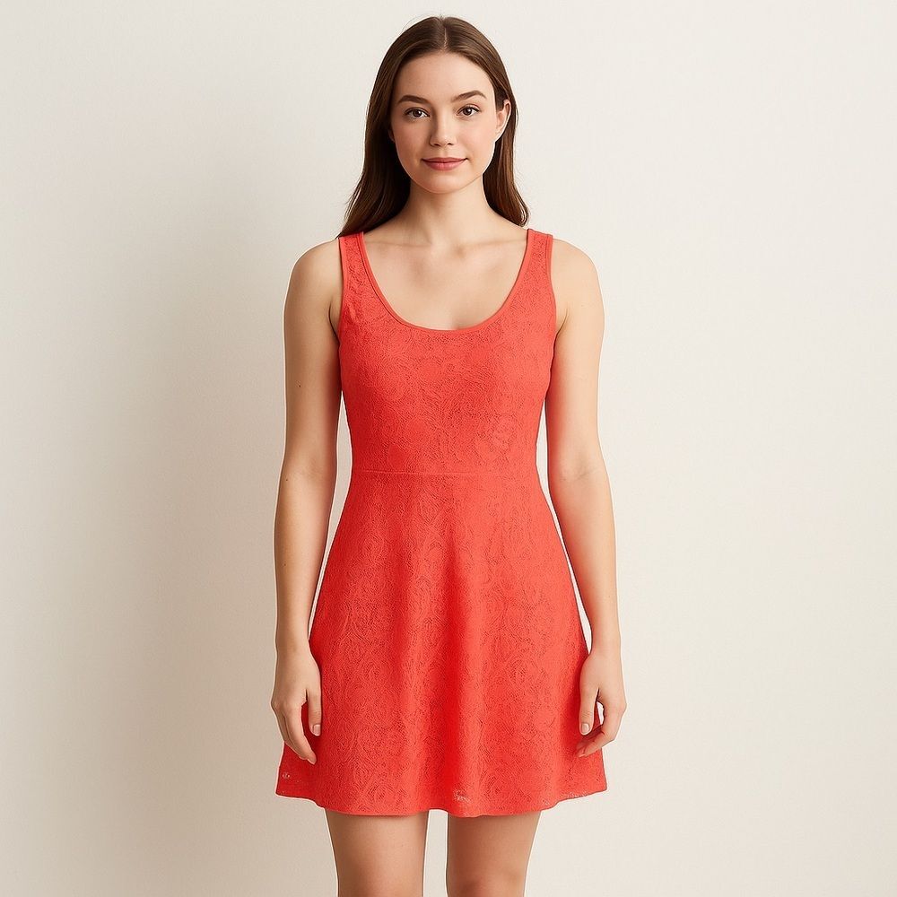 Anthropologie Lace Scoopneck Sleeveless Mini Above Knee Dress Orange Coral Small
